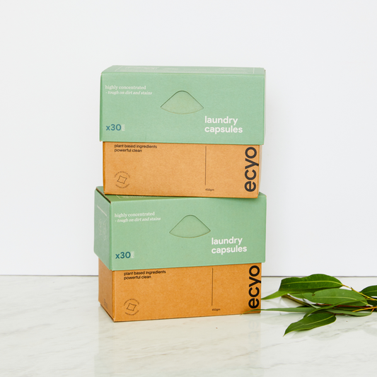Ecyo Eco Laundry Capsules Value Bundle – 60 plastic-free pods in cardboard packaging, scented with lemon myrtle and eucalyptus