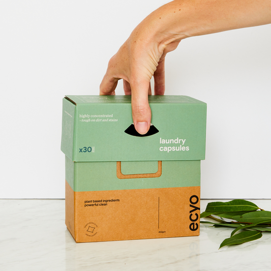 Showing the Ecyo Eco Laundry Capsules 30 pack child safe cardboard packaging being opened.