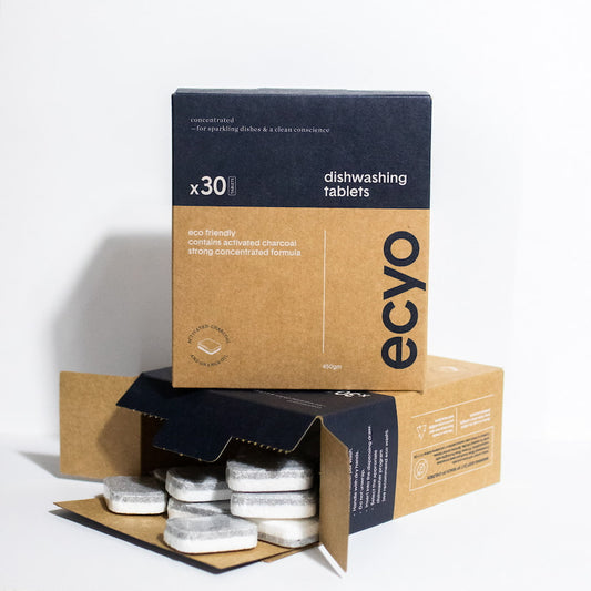 Ecyo Eco Dishwasher Tablets Bundle. 60 Tablets. They are plastic-free, plant-based dishwasher tablets in cardboard box.