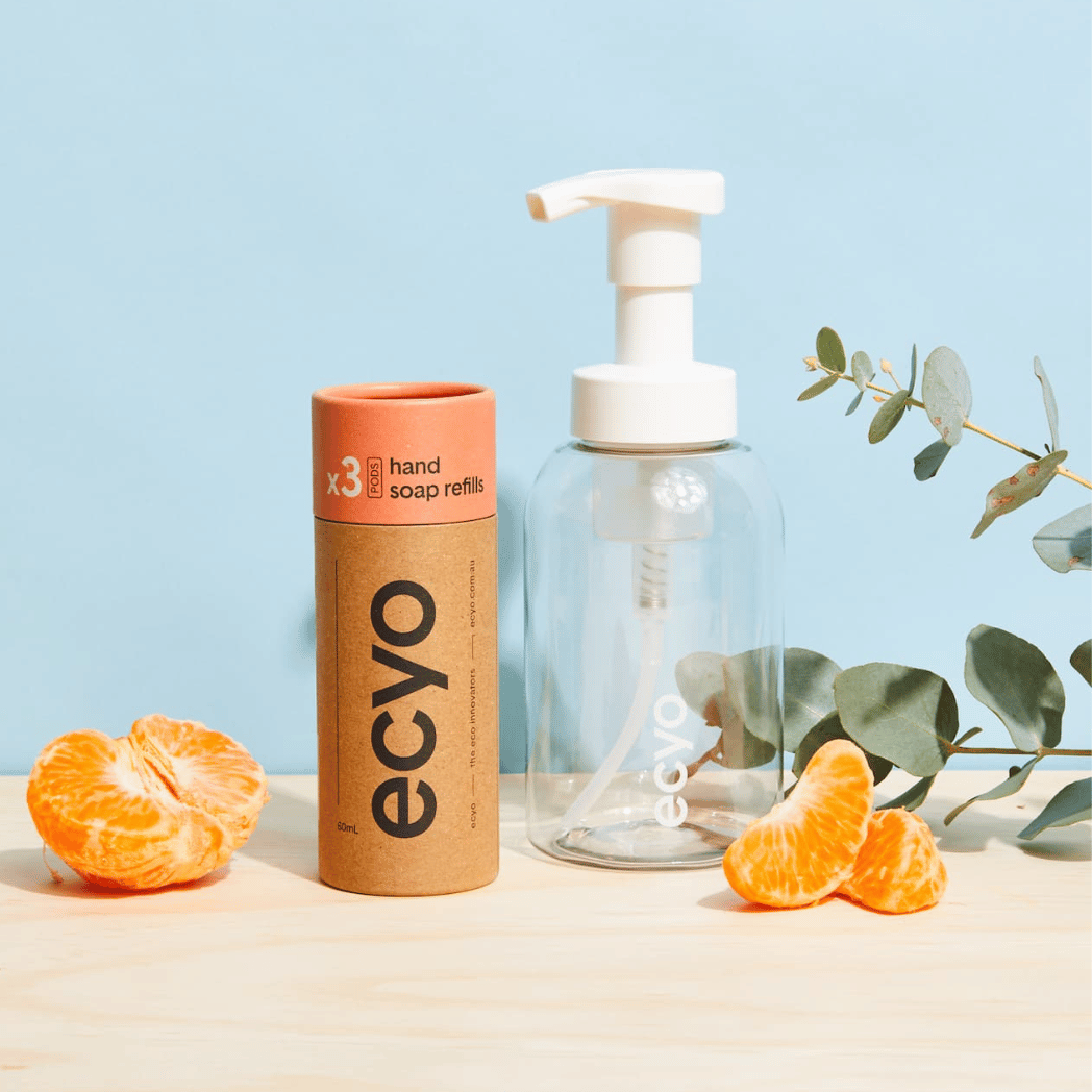 Ecyo Hand Soap Refills and Soap dispenser – Mandarin and Bergamot scented.