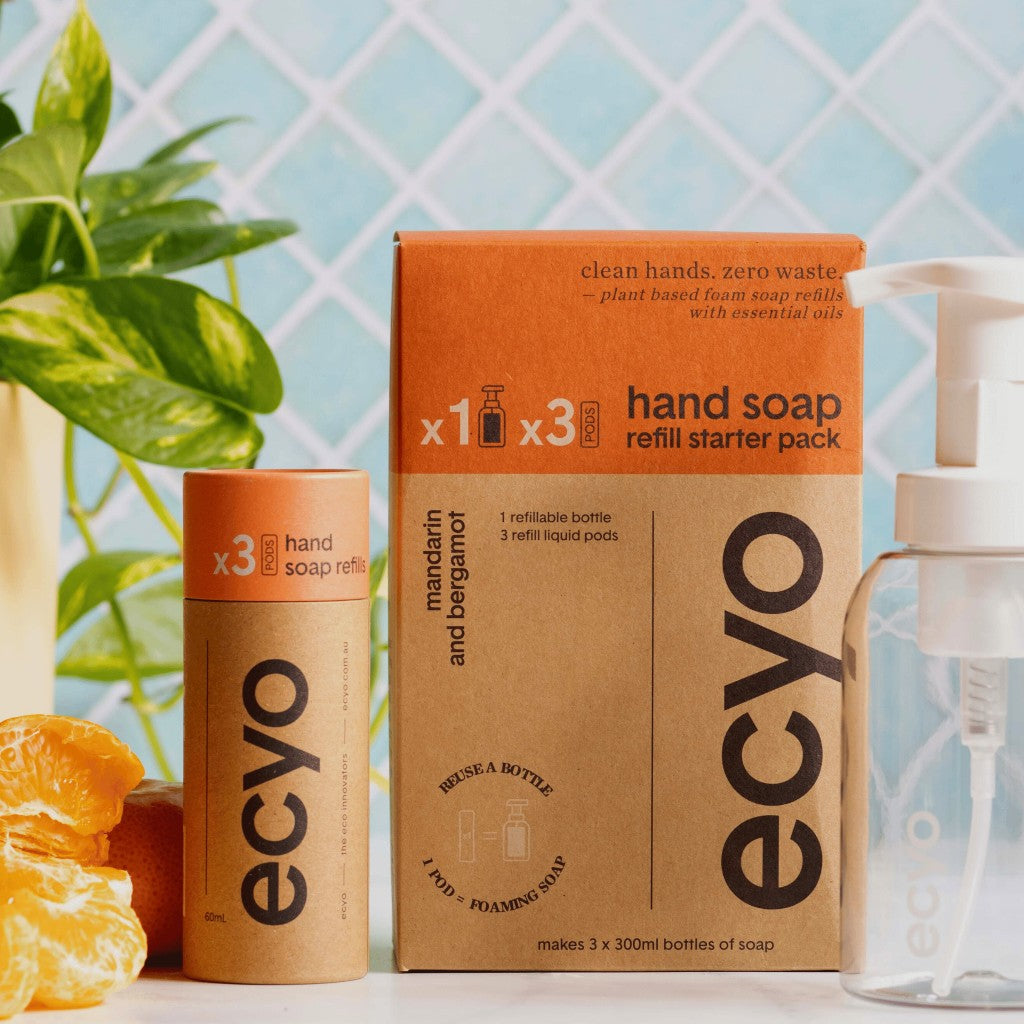 Starter pack box with cylinder of soap refills and foaming soap dispenser bottle.
