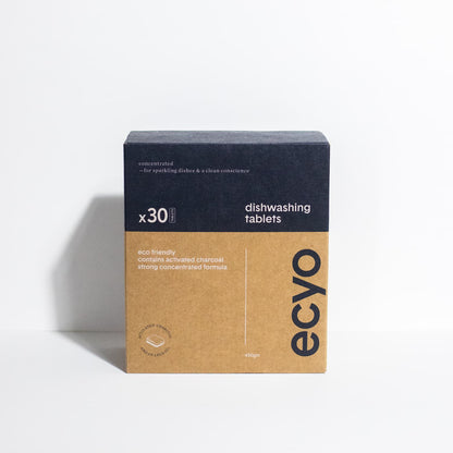 Ecyo Eco Dishwasher Tablets 30-pack – plastic-free, plant-based cleaning tablets in cardboard box
